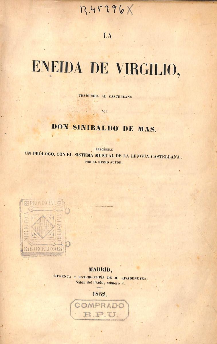 (1852) La Eneida traducida al castellano por Sinibaldo de Mas (Portada) (1852) La Eneida traducida al castellano por Sinibaldo de Mas (Portada)
