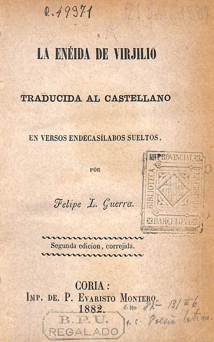(1882) La Eneida de Virjilio / trad.por Felipe L. Guerra (Portada) (1882) La Eneida de Virjilio / trad.por Felipe L. Guerra (Portada)