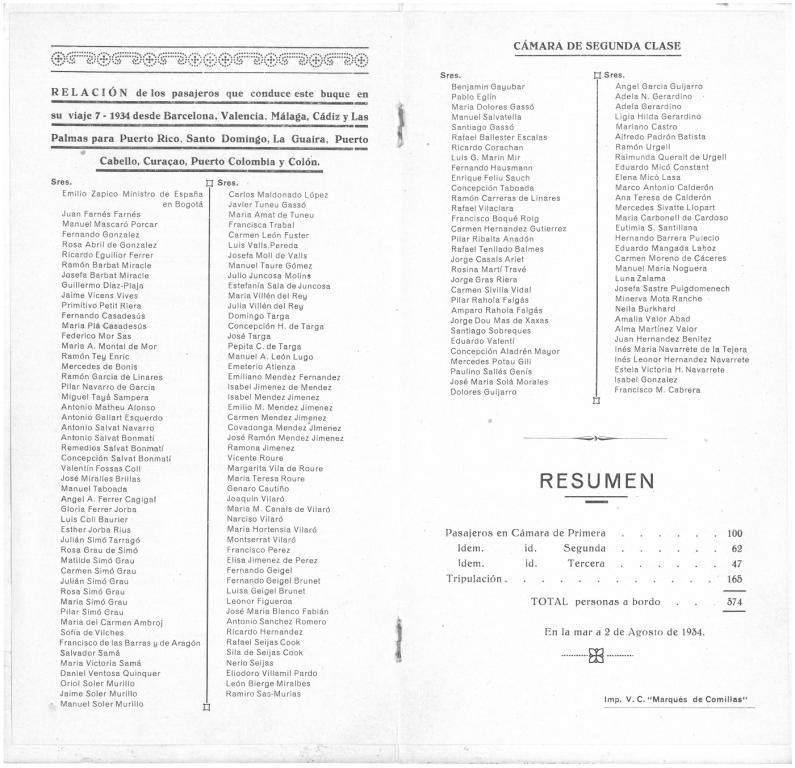 21-22. Interior del prospecto, con la lista de los pasajeros y los precios.