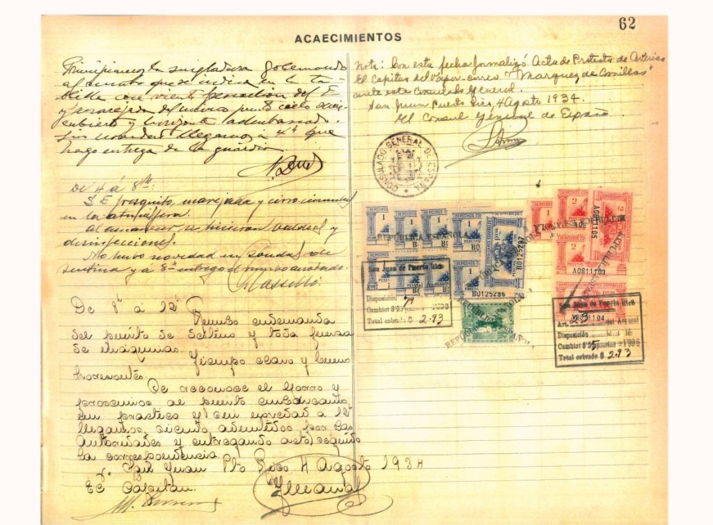 33. Cuaderno de bitácora consignando la llegada del "Marqués de  Comillas" a San Juan de Puerto Rico, primera escala americana.
