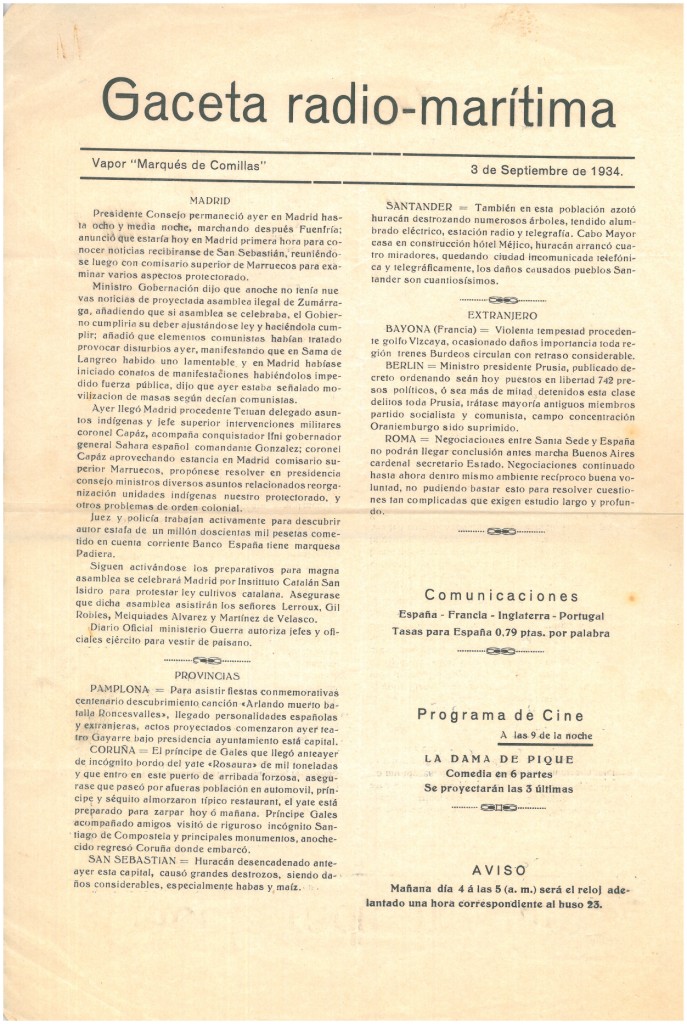 40. Los viajeros se mantenían informados sobre la actualidad del mundo a través de la "Gaceta radiomarítima", un diario editado a bordo.