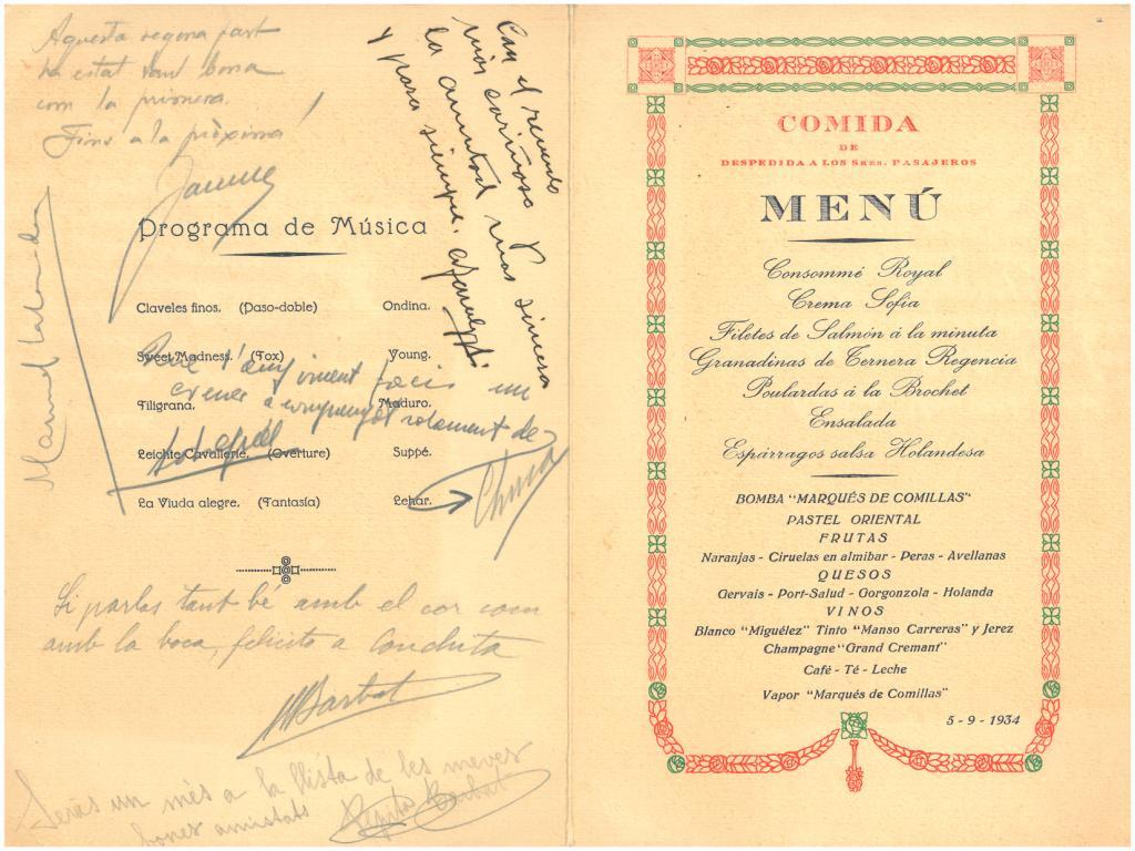 44. Menú de la comida de despedida de los pasajeros, firmado por algunos  de los comensales. Entre ellos, Jaume Vicens Vives.