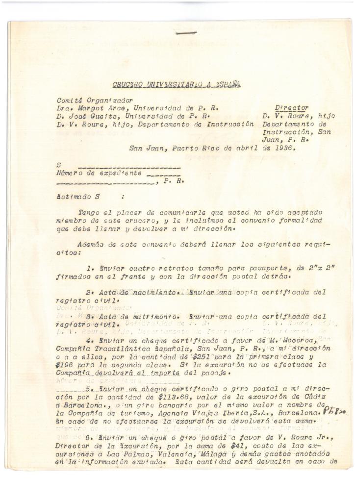 91. Documento sobre la organización del viaje de los estudiantes puertorriqueños a España, previsto para el verano de 1936.