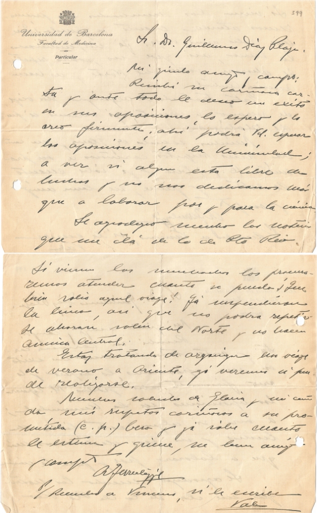 92. El Dr. Ferrer y Cagigal escribe a G. Díaz-Plaja sobre la expedición de los estudiantes puertorriqueños. Procedencia: Unidad de Estudios Biográficos de la UB.
