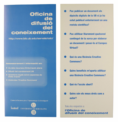 Imatge del tríptic de difusió dels serveis oferts per l'Oficina de Difusió del Coneixement (2008)