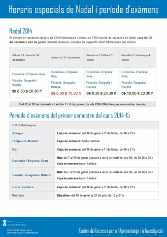 cartell horaris especials Nadal i examens