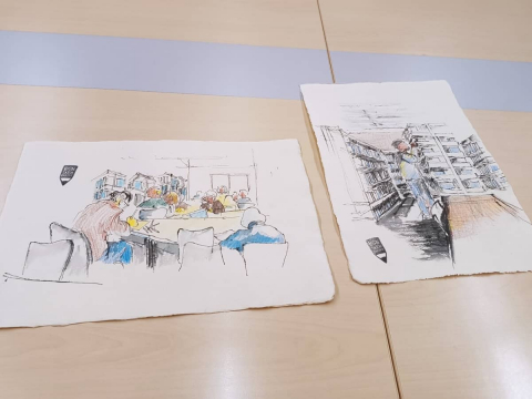 El Sketch Breakfast Club visita el CRAI Filosofia, Geografia i Història i omple els seus espais d'art amb aquarel·les