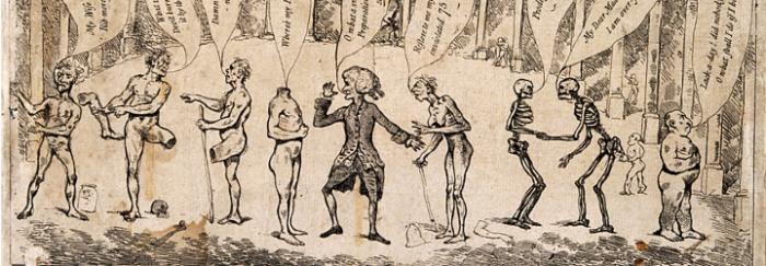 Imatge disponible a Wellcome Images. William Hunter (1718-1783) in his museum in Windmill Street on the day of resurrection, surrounded by skeletons and bodies, some of whom are searching for their missing parts.